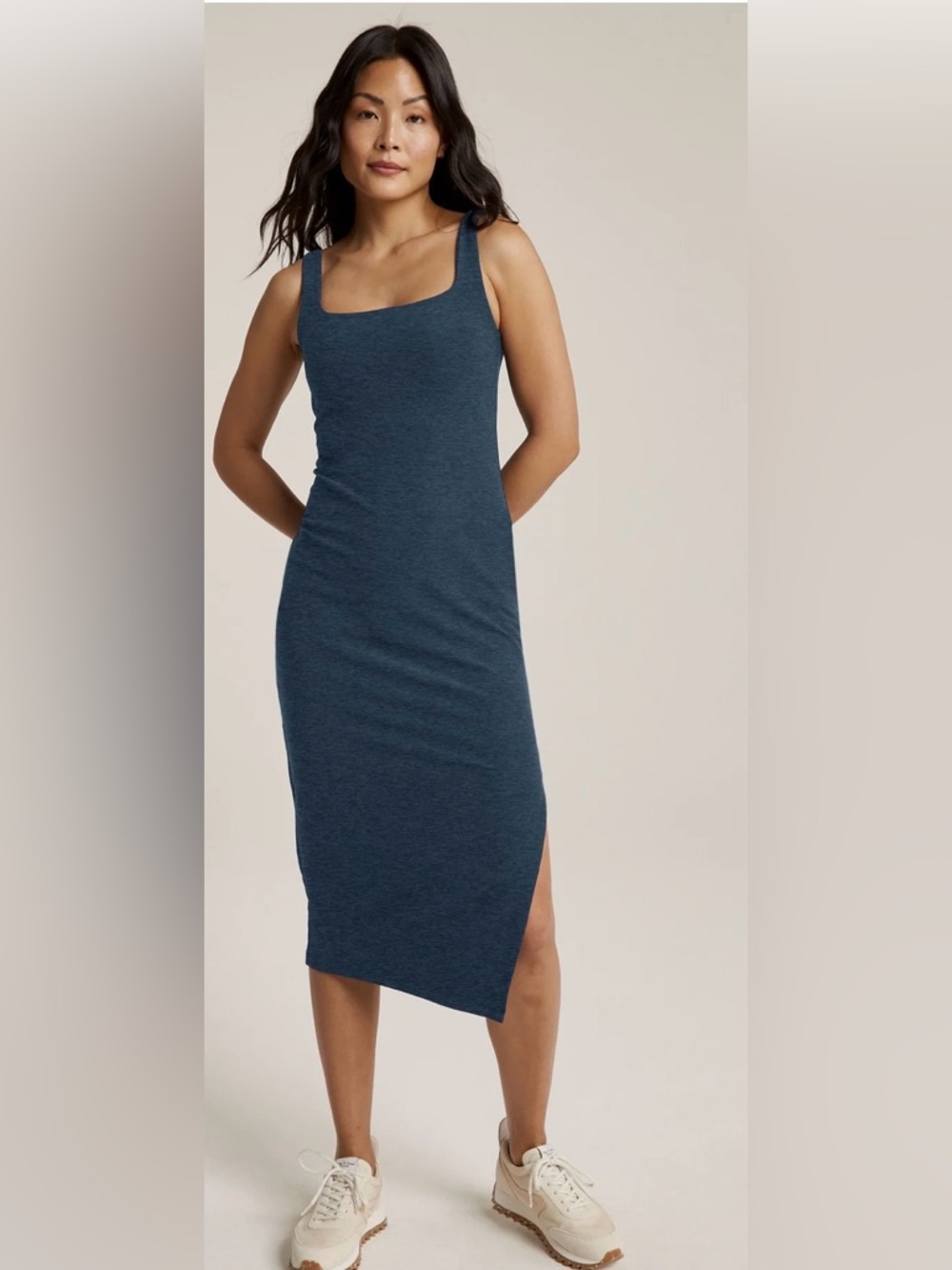 NWT Beyond Yoga Sleeveless Square Neck Midi Dress in Deep Heather Blue